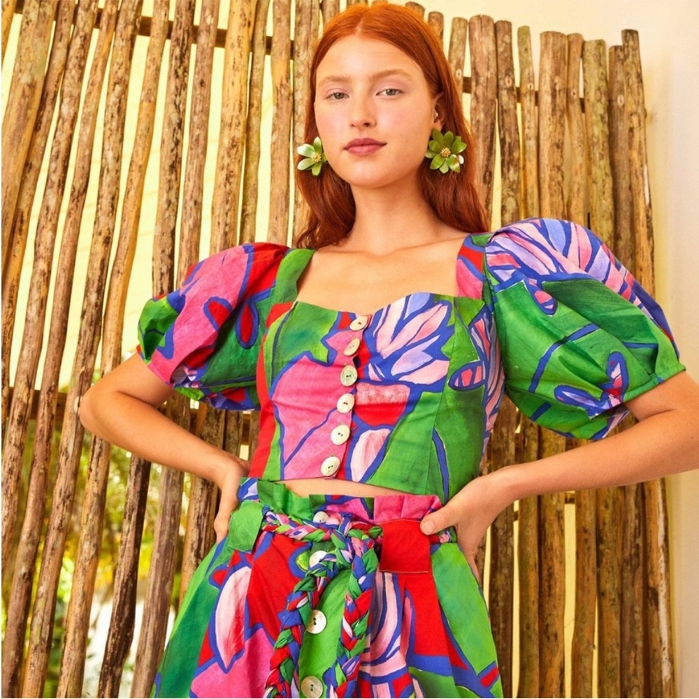 FARM Rio Pink and Green Puffed Crop Top